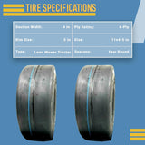 2 Tires 11x4.00-5 Smooth Lawn Mower 11x4-5 4 Ply Zero Turn Slick Tubeless 11x4x5