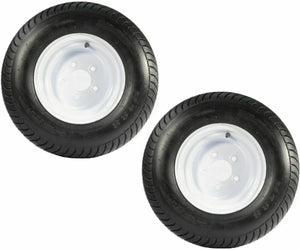(2) TWO- NEW 20.5X8.00-10 6PLY LOAD RANGE C TIRES WITH 5 LUG WHITE WHEELS