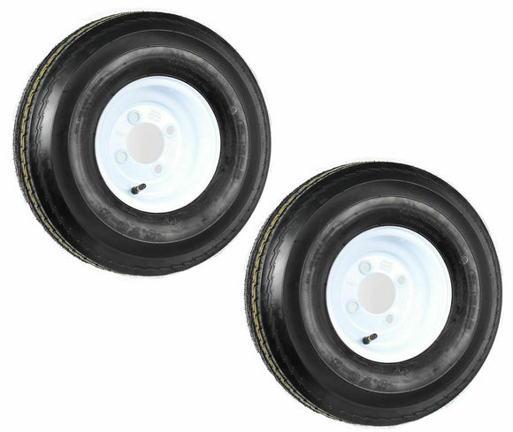 (2) TWO- NEW 5.70-8 4PLY  LOAD RANGE B HEAVY DUTY TRAILER TIRES ON 4 HOLE WHITE WHEELS